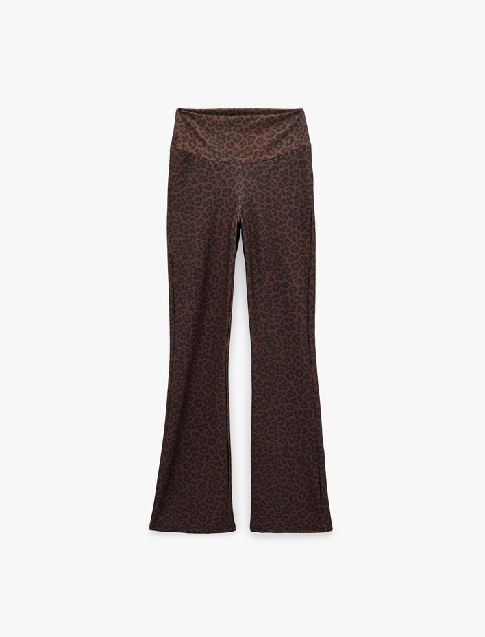  İspanyol Paça Spor Tayt Leopar Desenli Slim Fit Yumuşak Tuşe Yüksek Bel