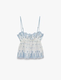 Gipeli Nakışlı Askılı Crop Poplin Degaje Yaka Bluz