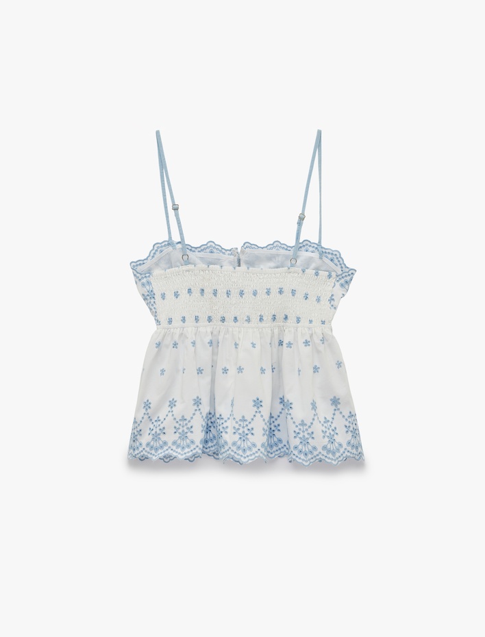  Gipeli Nakışlı Askılı Crop Poplin Degaje Yaka Bluz