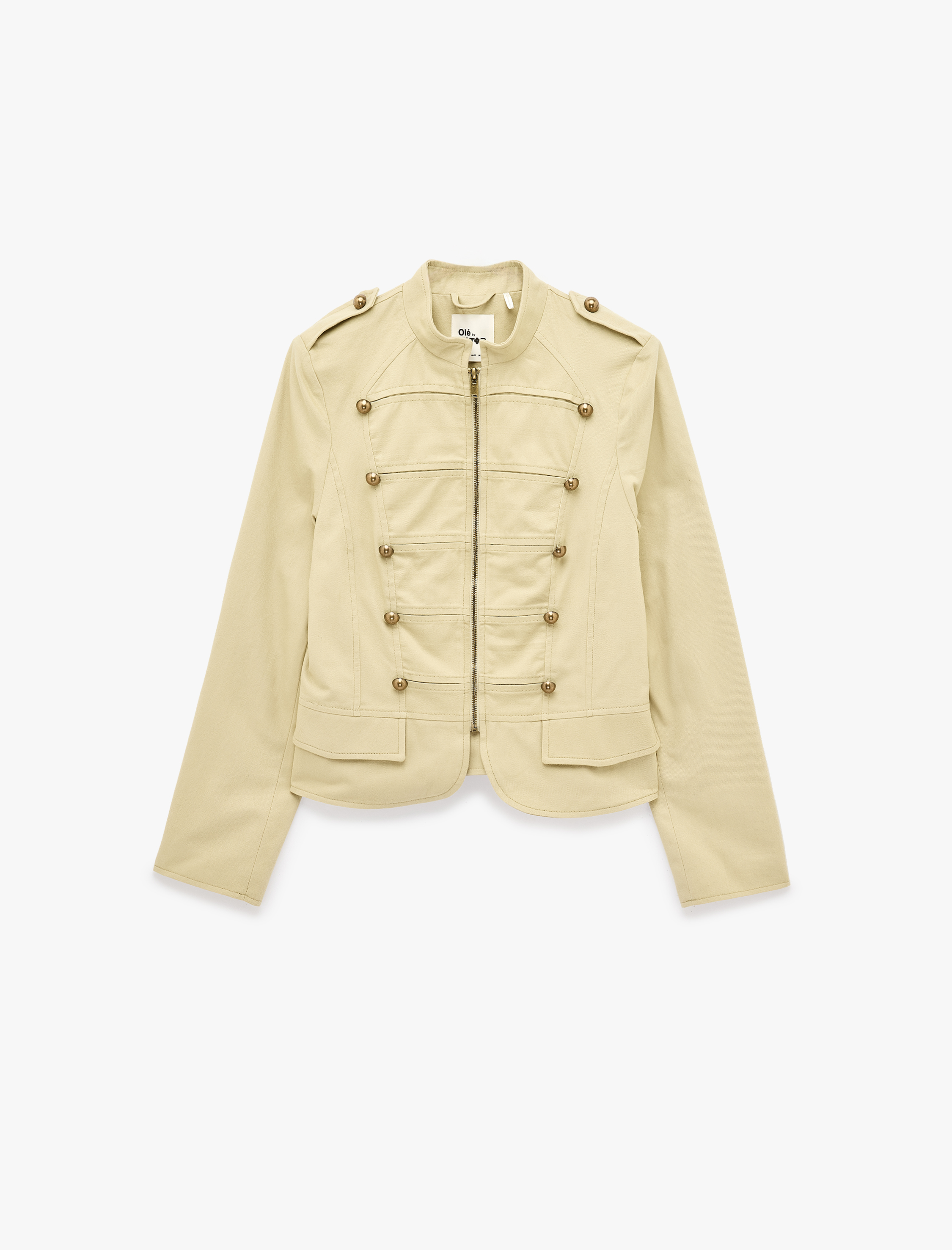   Gabardin Kumaş Metal Düğmeli Slim Fit Fermuarlı Dik Yaka Military Ceket