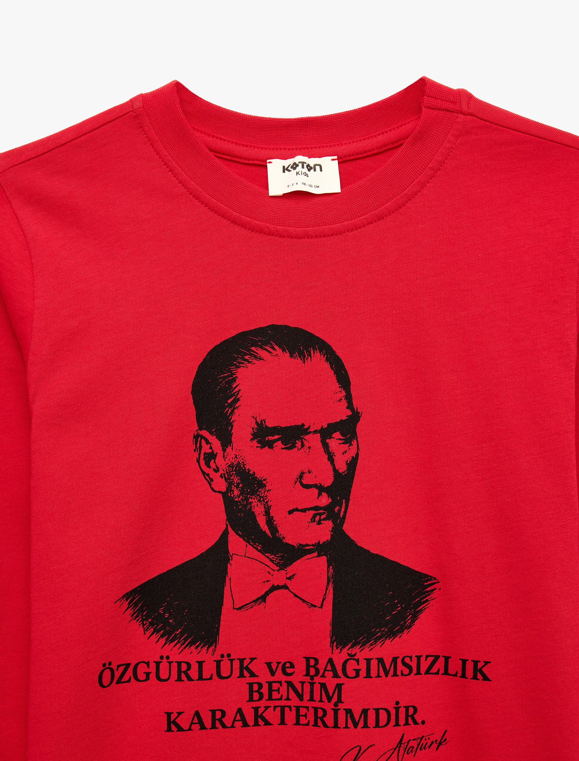  Kız Çocuk Atatürk Baskılı Bisiklet Yaka Uzun Kollu Pamuklu Tişört
