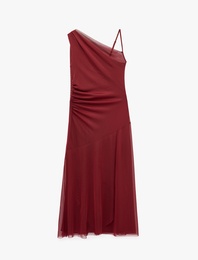 Slim Fit İnce Askılı Tek Omuz Asimetrik Kesim Fularlı Tül Midi Elbise