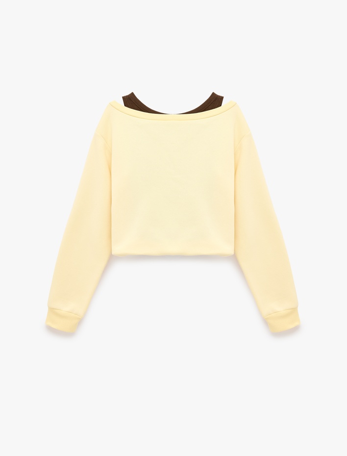  Şardonlu Rahat Kalıp Bisiklet Yaka Uzun Kollu Katmanlı Baskılı Sweatshirt