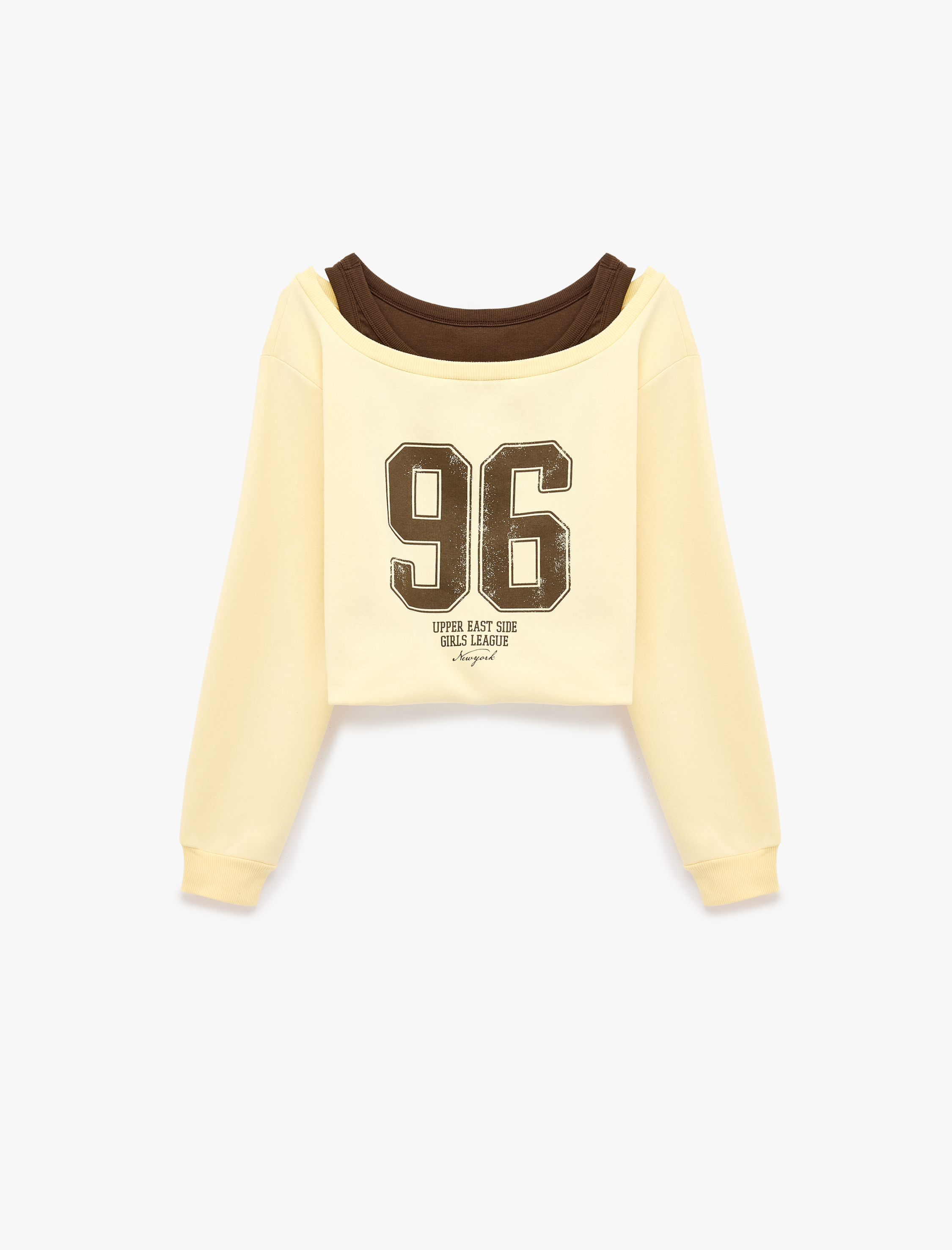  Şardonlu Rahat Kalıp Bisiklet Yaka Uzun Kollu Katmanlı Baskılı Sweatshirt