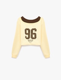 Şardonlu Rahat Kalıp Bisiklet Yaka Uzun Kollu Katmanlı Baskılı Sweatshirt