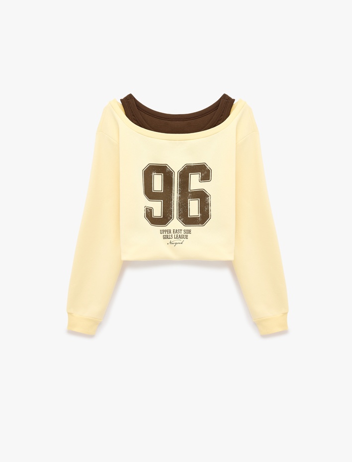  Şardonlu Rahat Kalıp Bisiklet Yaka Uzun Kollu Katmanlı Baskılı Sweatshirt