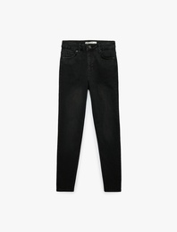 Yüksek Bel Düğmeli Cepli Pamuklu Dar Kesim Denim Pantolon - Skinny Push Up Fit Jean