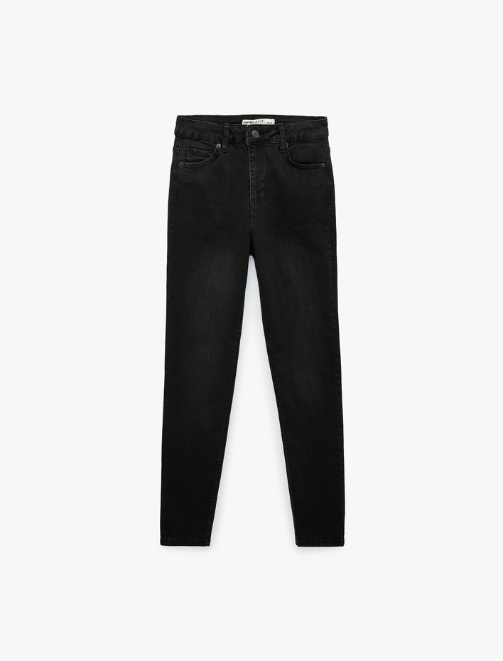  Yüksek Bel Düğmeli Cepli Pamuklu Dar Kesim Denim Pantolon - Skinny Push Up Fit Jean