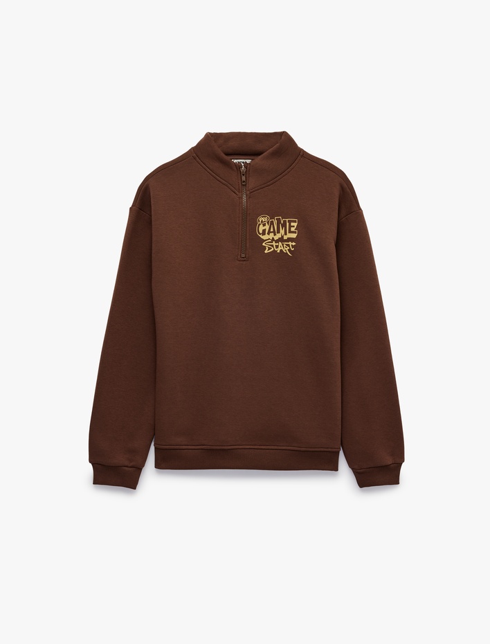 Erkek Çocuk Baskılı Yarım Fermuarlı Şardonlu Uzun Kollu Dik Yaka Sweatshirt
