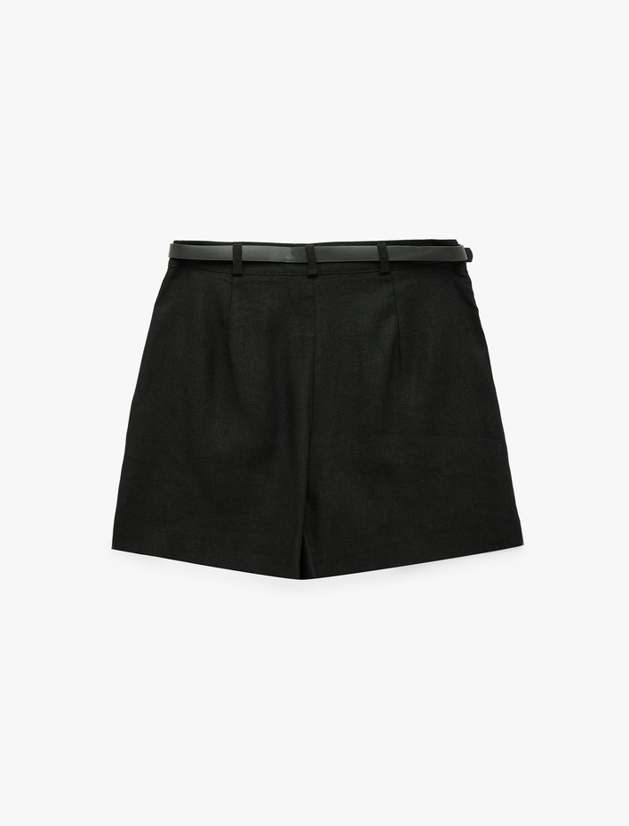  Kemerli Cepli Mini Keten Şort