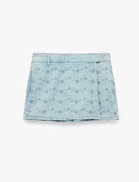 Cepli Nakışlı Normal Bel Pamuklu Denim Mini Şort Etek