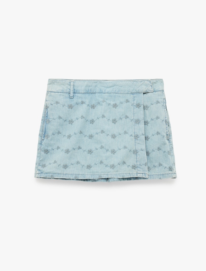  Cepli Nakışlı Normal Bel Pamuklu Denim Mini Şort Etek