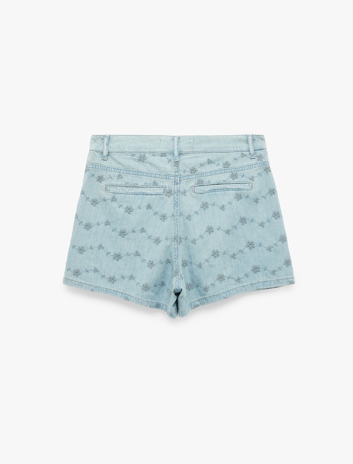  Cepli Nakışlı Normal Bel Pamuklu Denim Mini Şort Etek