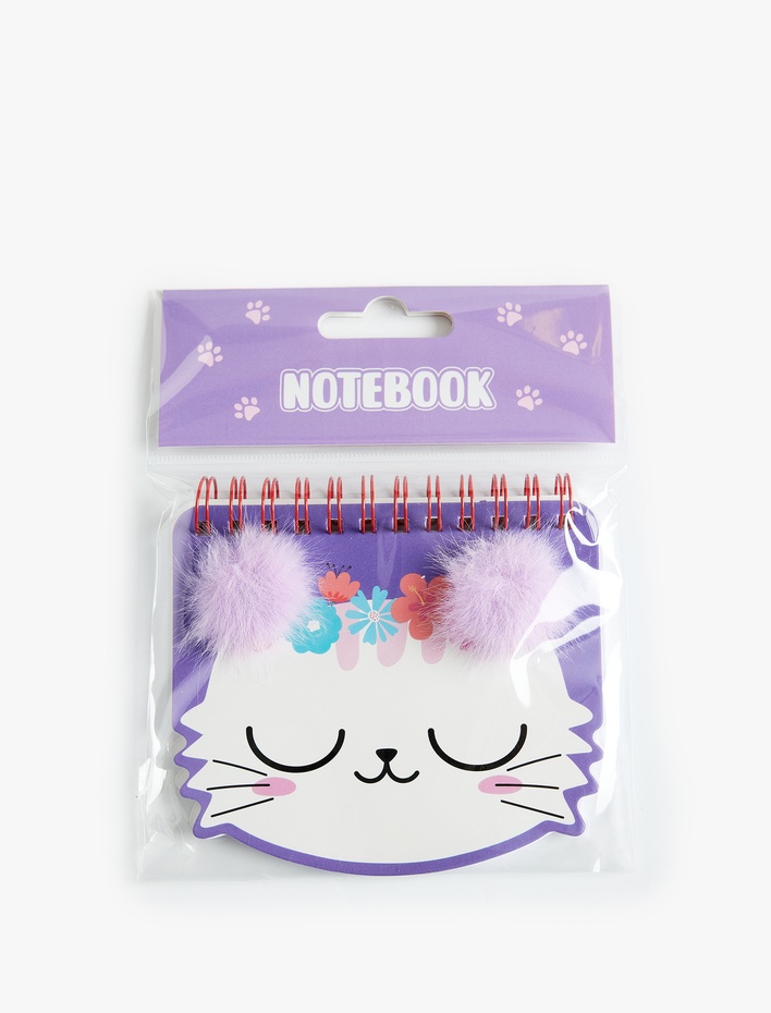 Kadın Kedi Figürlü Ponpon Detaylı Çiçek Desenli Mini Spiralli Defter