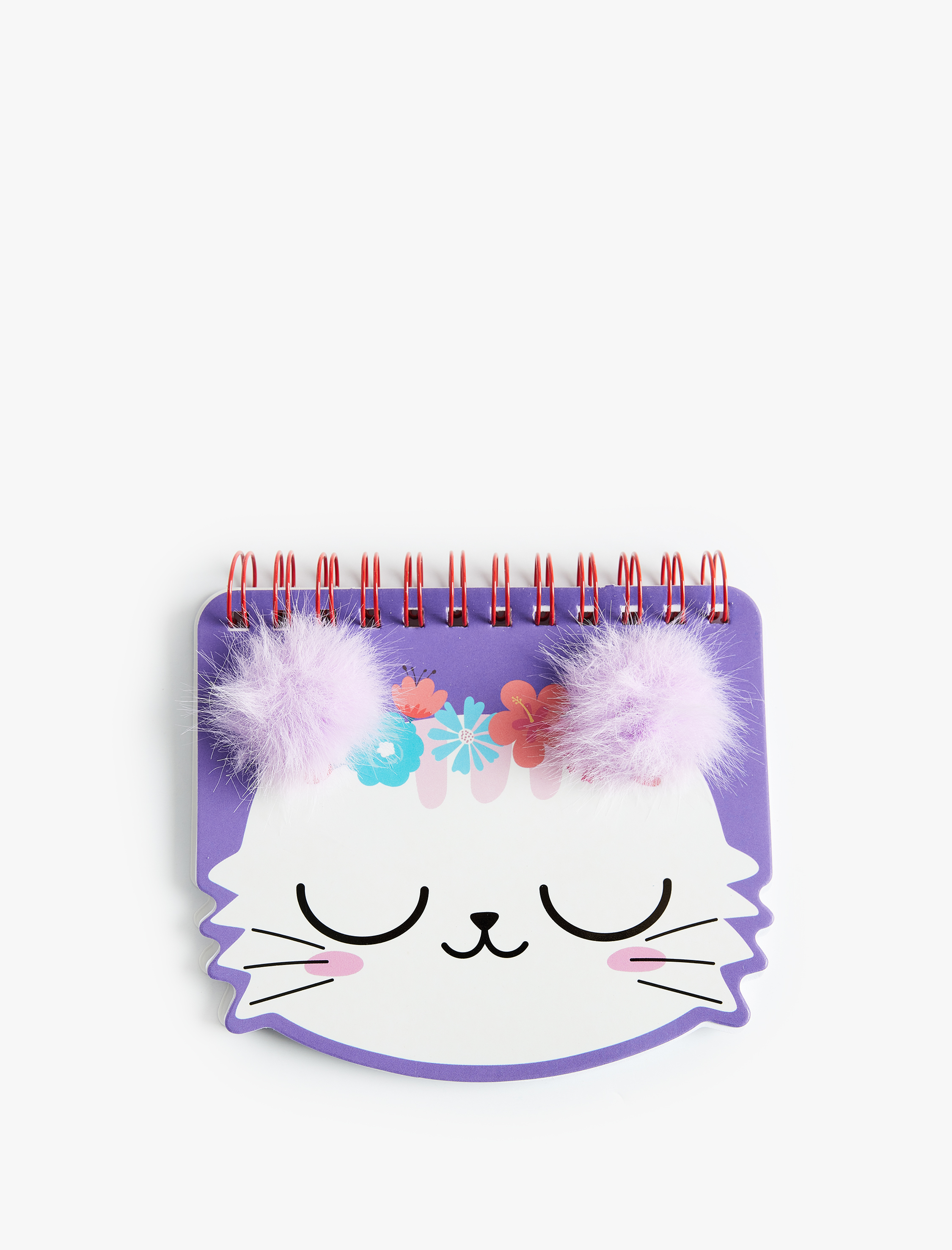  Kadın Kedi Figürlü Ponpon Detaylı Çiçek Desenli Mini Spiralli Defter
