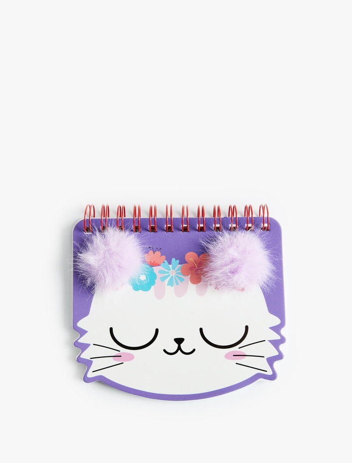 Kadın Kedi Figürlü Ponpon Detaylı Çiçek Desenli Mini Spiralli Defter
