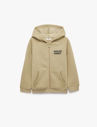 Baskılı Pamuklu Cepli Üç İplik Şardonlu Kapşonlu Fermuarlı Sweatshirt