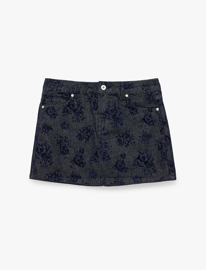  Çiçek Desenli Normal Bel Düğmeli Cepli Mini Denim Şort Etek
