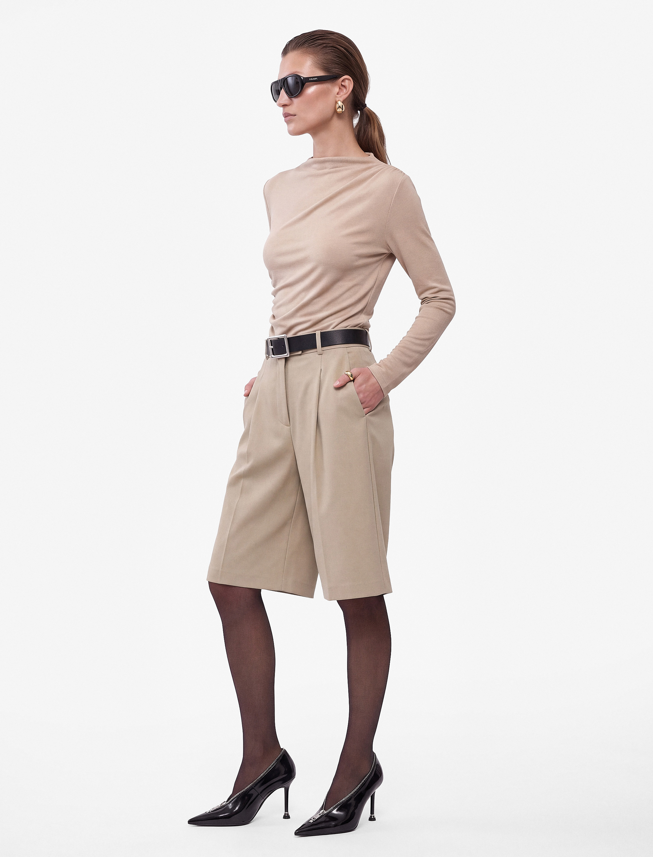   Drapeli Slim Fit Dik Yaka Uzun Kollu Bluz