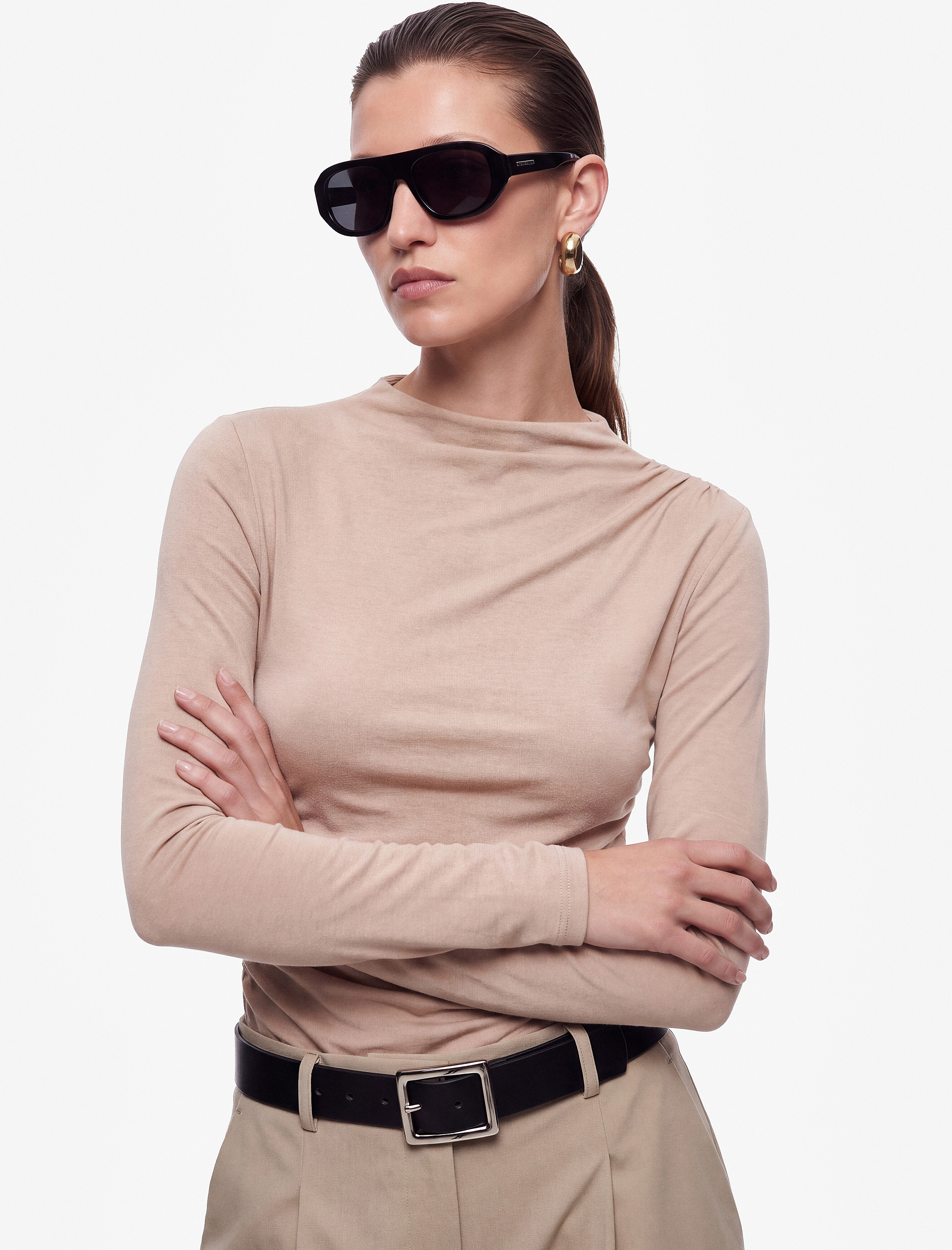   Drapeli Slim Fit Dik Yaka Uzun Kollu Bluz