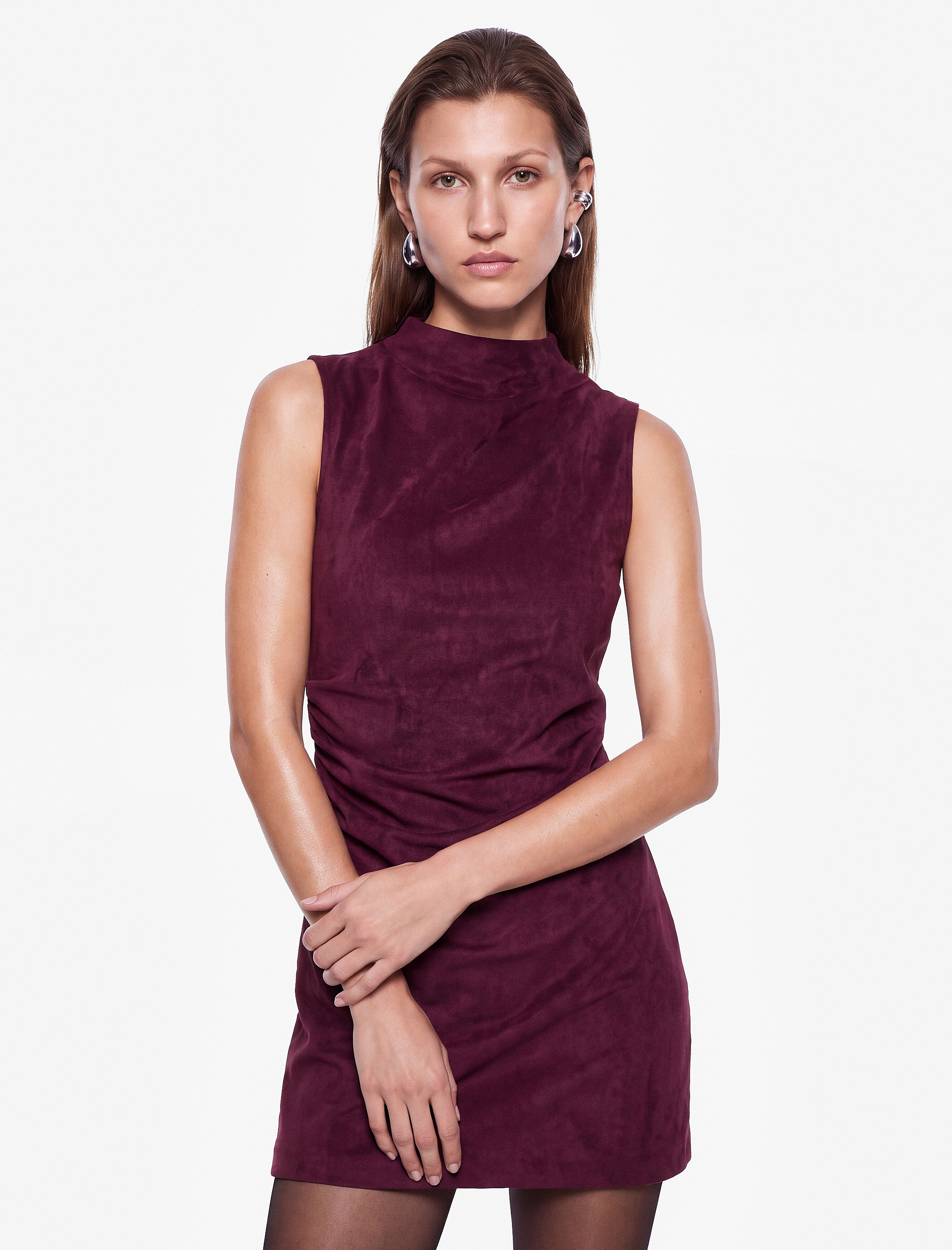  Drapeli Dar Kesim Kolsuz Bodycon Dik Yaka Mini Elbise