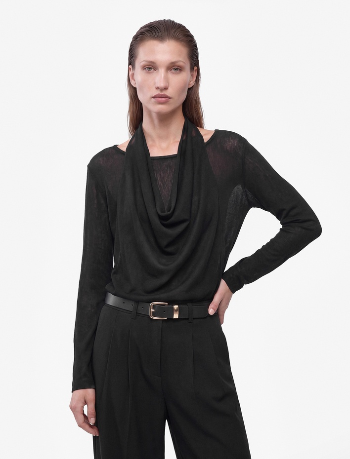  Slim Fit Drapeli Katmanlı Degaje Yaka Uzun Kollu Bluz