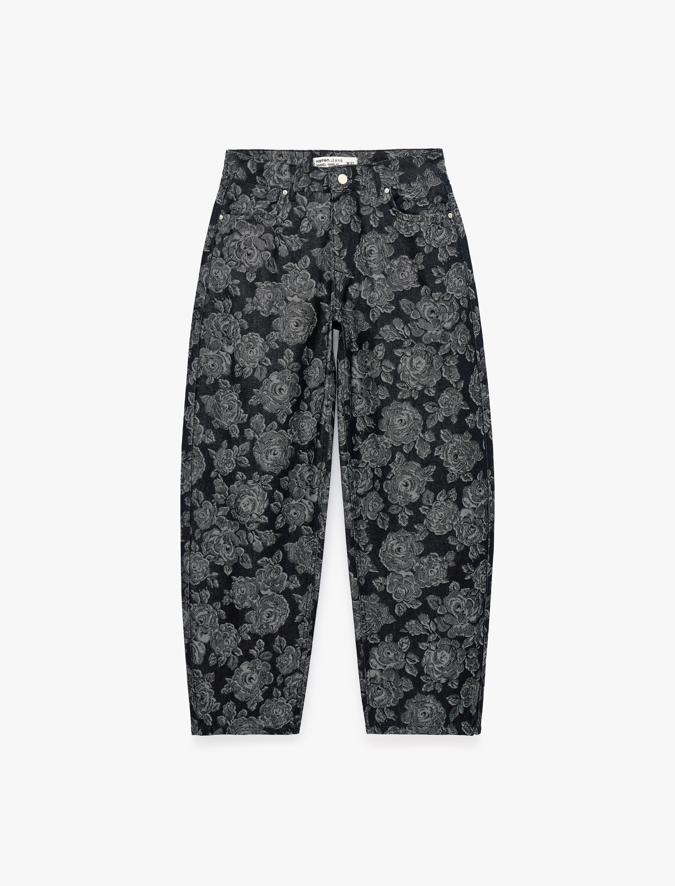   Normal Bel Düz Paça Rahat Kalıp Cepli Düğmeli Çiçekli Baskılı Balon Barrel Denim Pantolon - Barrel Jeans