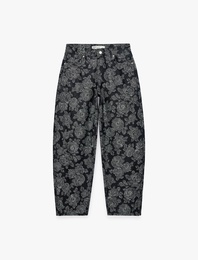 Normal Bel Düz Paça Rahat Kalıp Cepli Düğmeli Çiçekli Baskılı Balon Barrel Denim Pantolon - Barrel Jeans