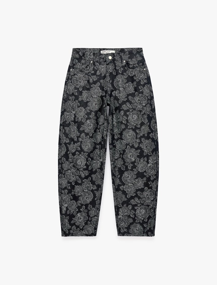  Normal Bel Düz Paça Rahat Kalıp Cepli Düğmeli Çiçekli Baskılı Balon Barrel Denim Pantolon - Barrel Jeans