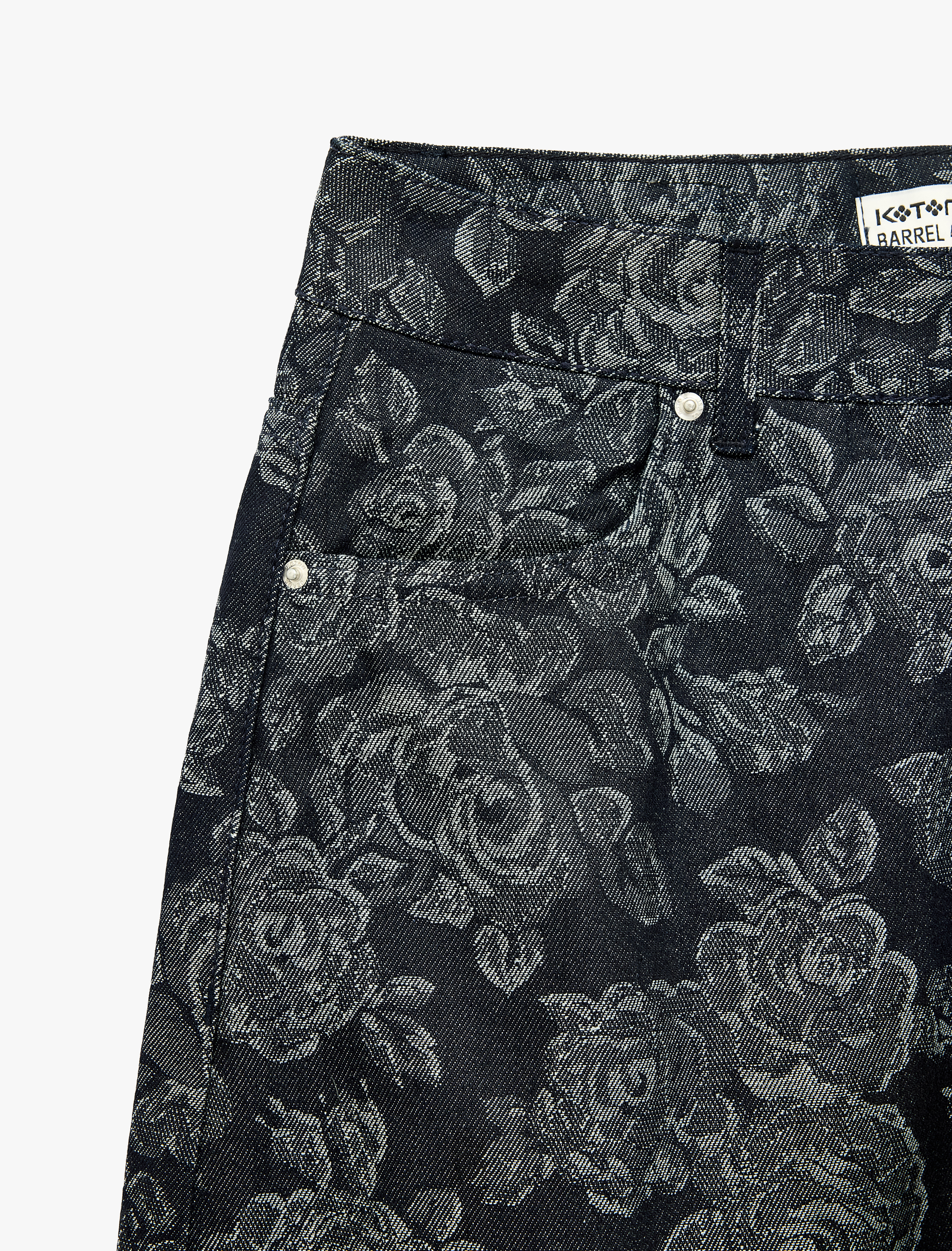   Normal Bel Düz Paça Rahat Kalıp Cepli Düğmeli Çiçekli Baskılı Balon Barrel Denim Pantolon - Barrel Jeans