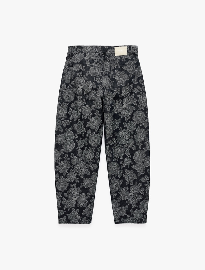  Normal Bel Düz Paça Rahat Kalıp Cepli Düğmeli Çiçekli Baskılı Balon Barrel Denim Pantolon - Barrel Jeans