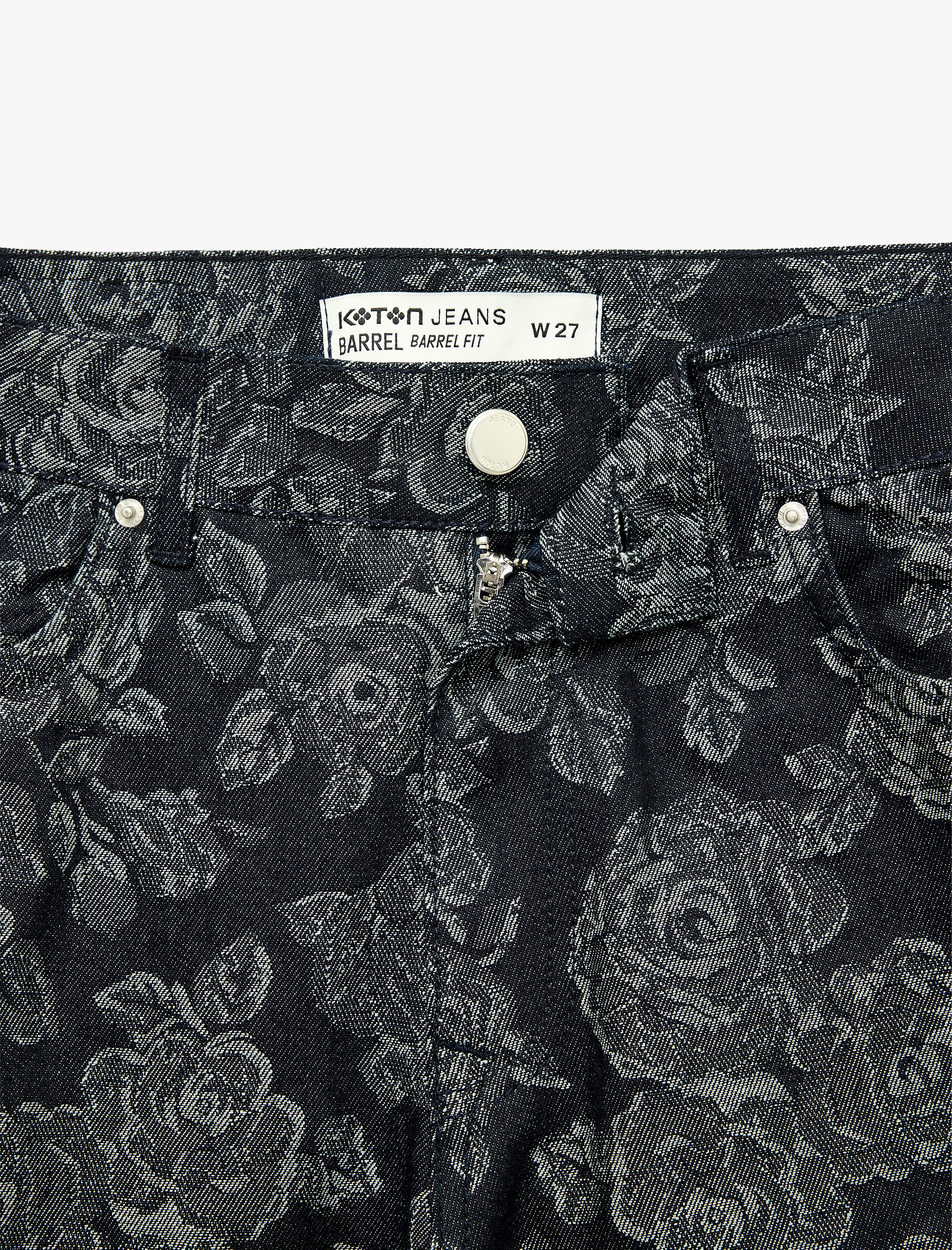   Normal Bel Düz Paça Rahat Kalıp Cepli Düğmeli Çiçekli Baskılı Balon Barrel Denim Pantolon - Barrel Jeans