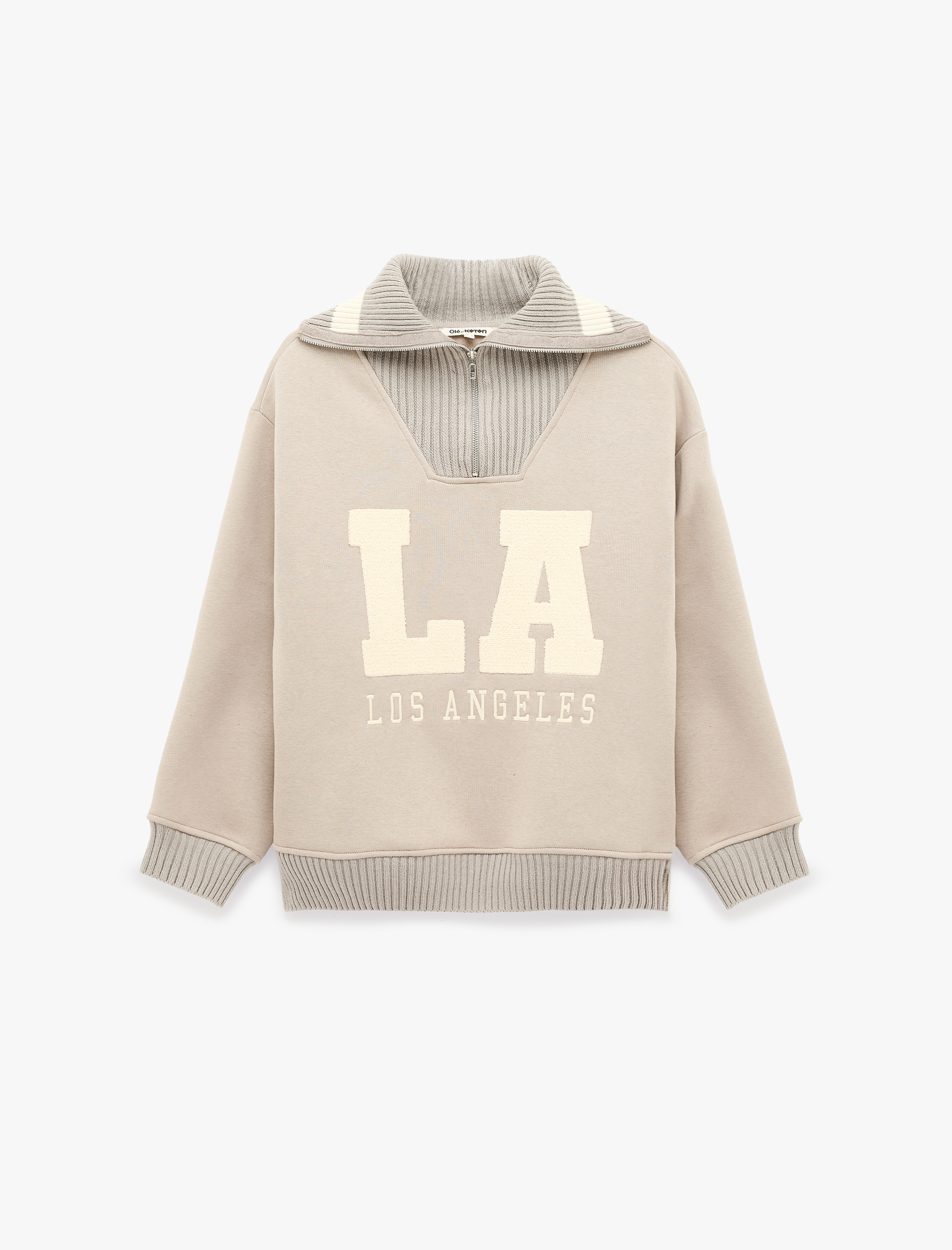   Üç İplik Şardonlu Baskılı Nakışlı Uzun Kollu Yarım Fermuarlı Dik Yaka Sweatshirt