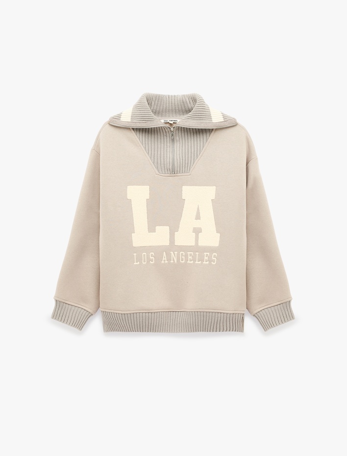  Üç İplik Şardonlu Baskılı Nakışlı Uzun Kollu Yarım Fermuarlı Dik Yaka Sweatshirt