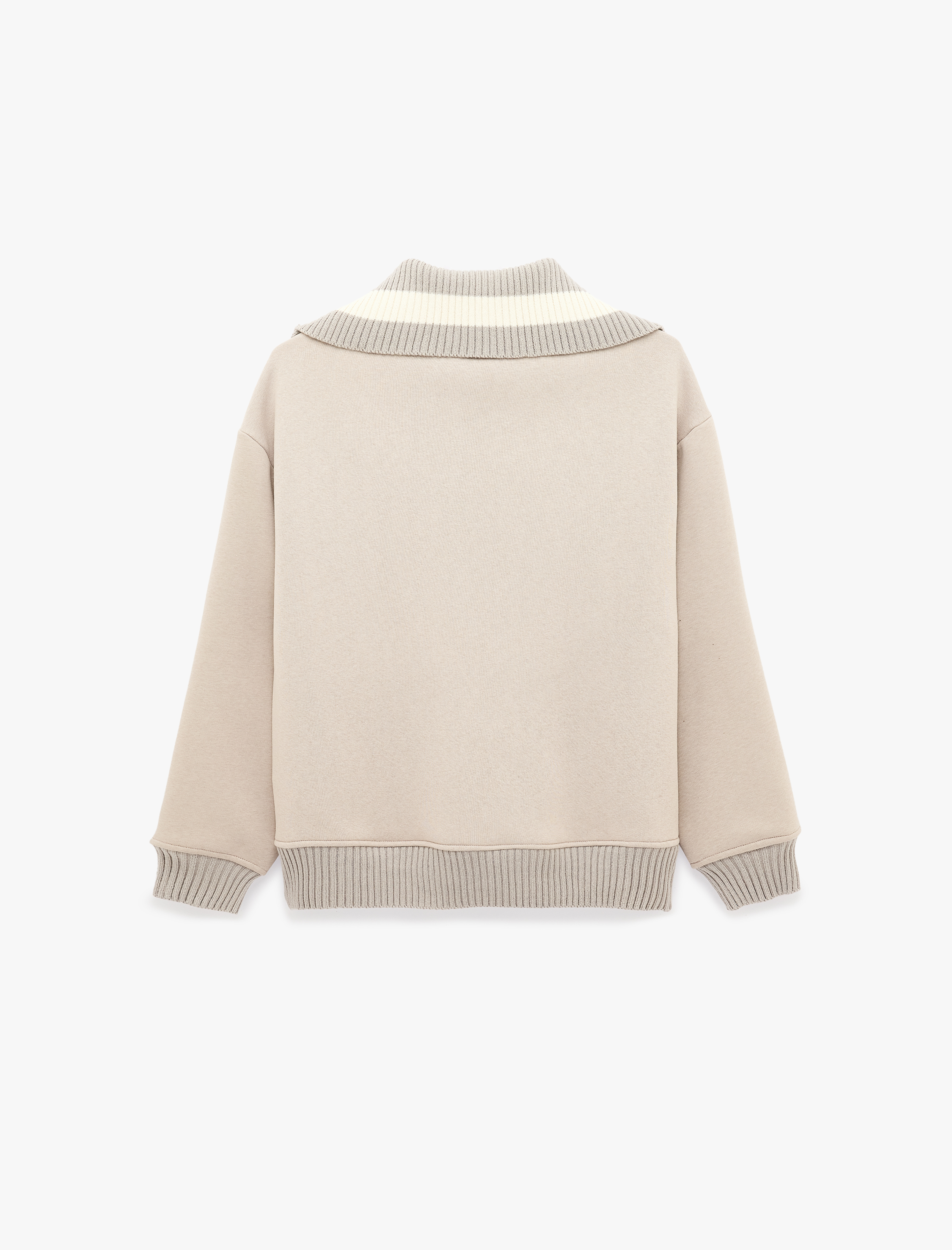   Üç İplik Şardonlu Baskılı Nakışlı Uzun Kollu Yarım Fermuarlı Dik Yaka Sweatshirt