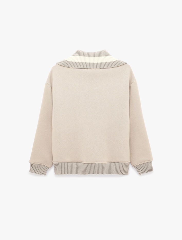  Üç İplik Şardonlu Baskılı Nakışlı Uzun Kollu Yarım Fermuarlı Dik Yaka Sweatshirt