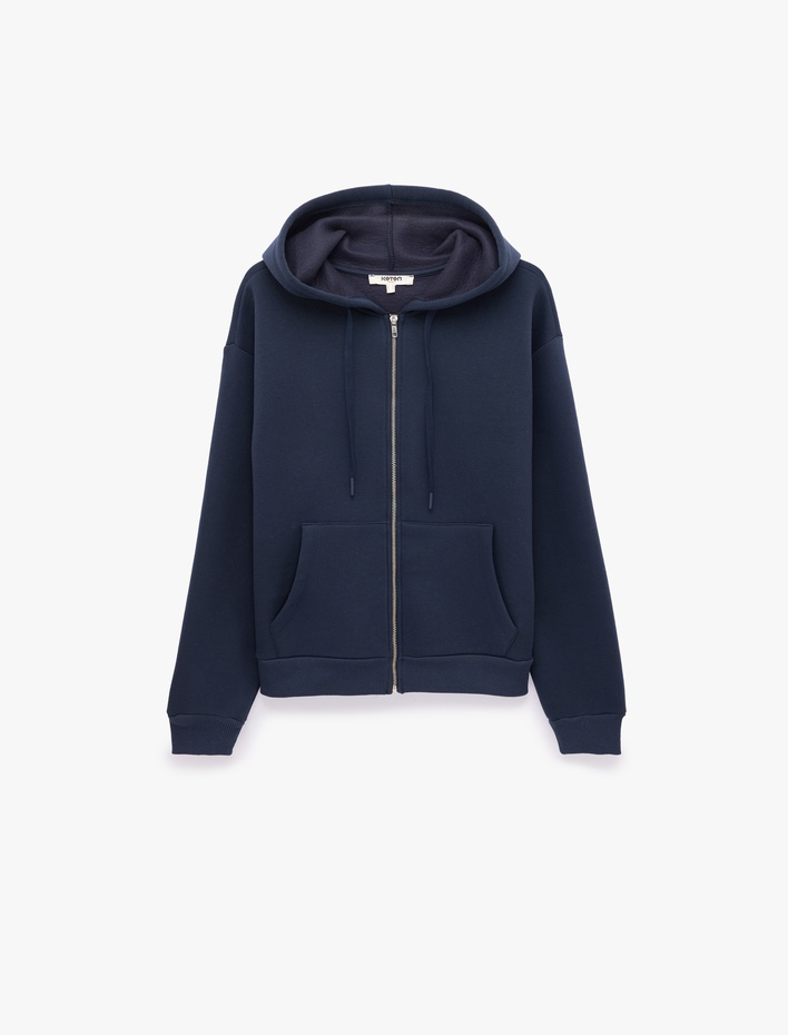  Şardonlu Kanguru Cepli Uzun Kollu Kapüşonlu Fermuarlı Oversize Spor Sweatshirt