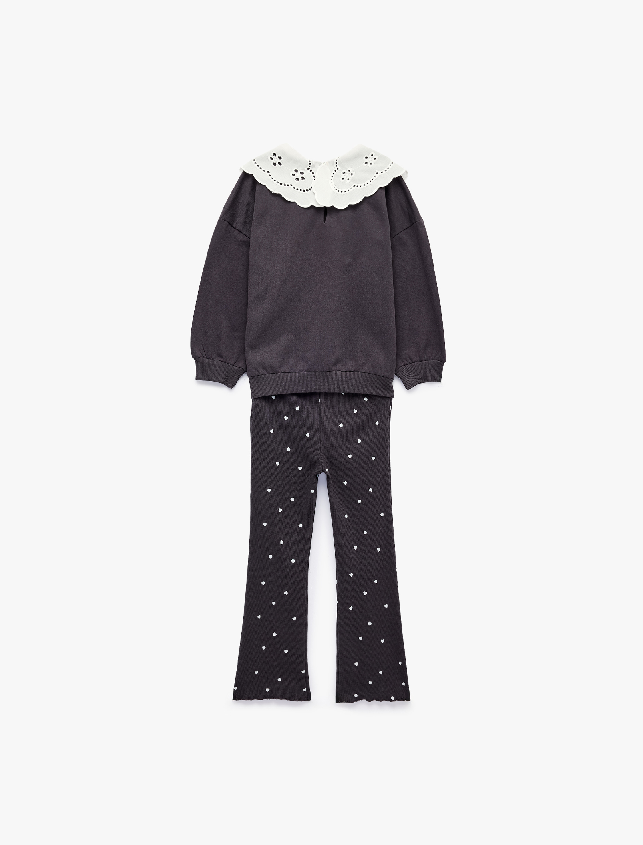  Kız Bebek Kalp Desenli Pamuklu Şardonlu Bebe Yaka Uzun Kollu 2'li Set