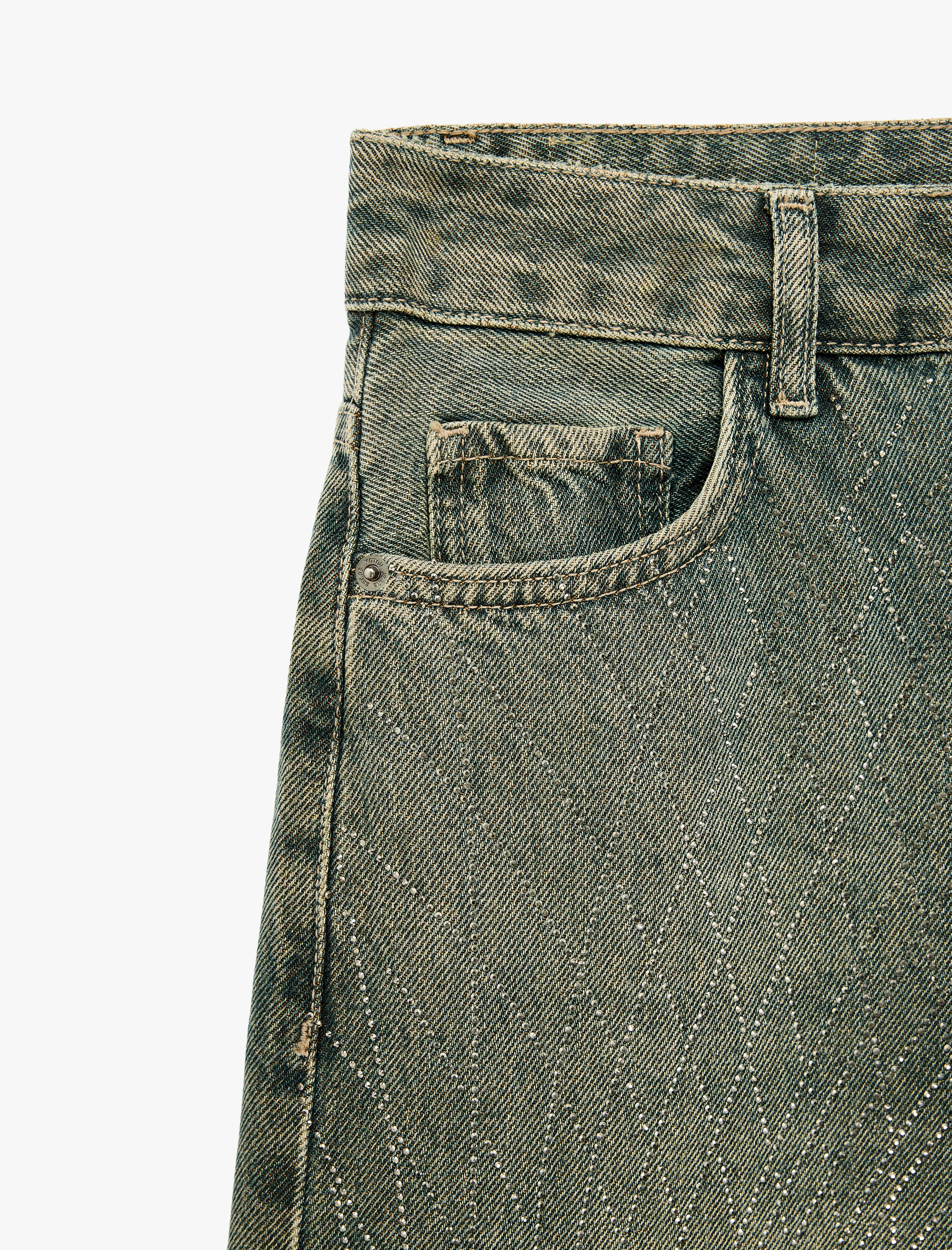   Pamuklu Bol Kesim Ekose Taş Detaylı Jean Pantolon - Loose Straight Fit Jean