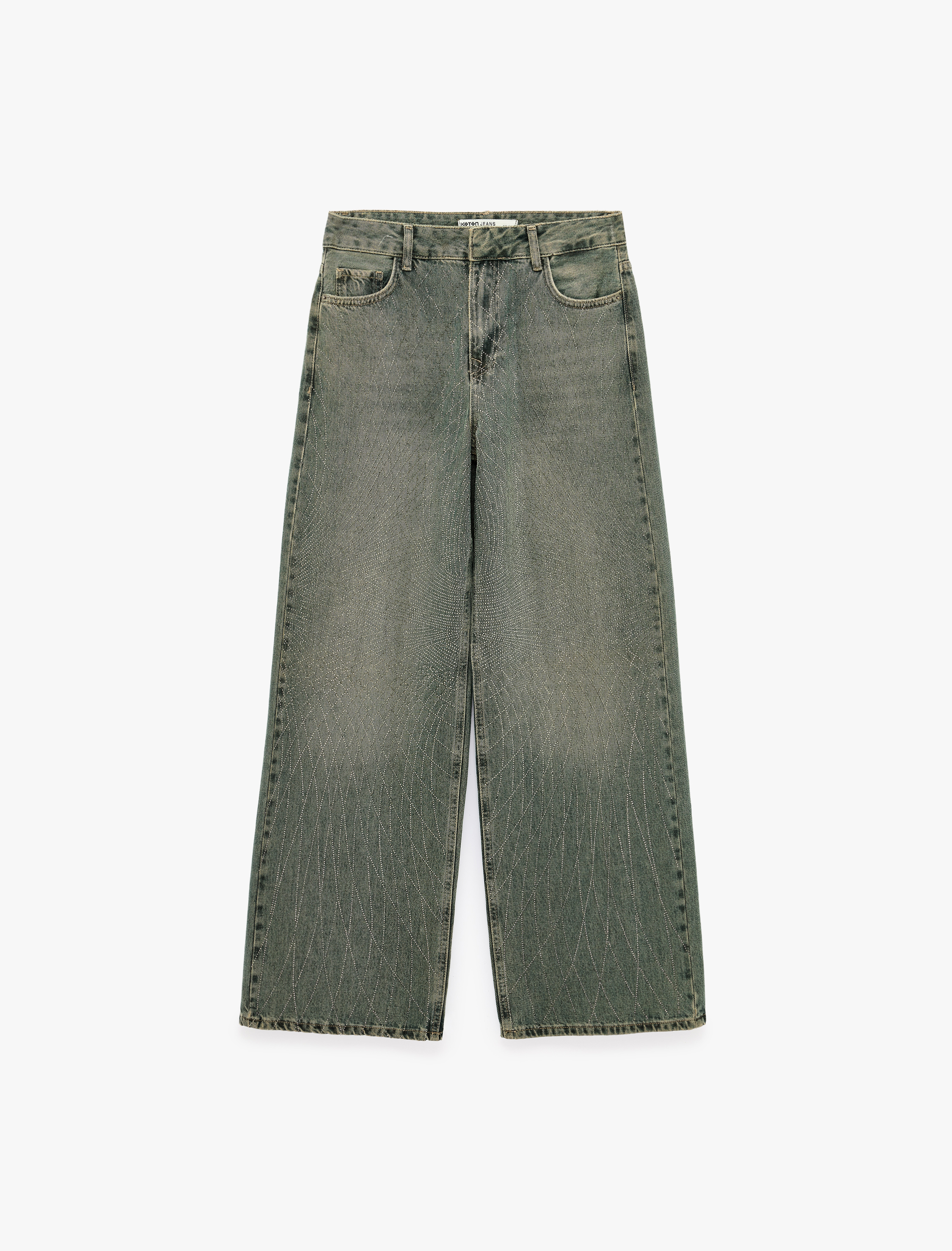   Pamuklu Bol Kesim Ekose Taş Detaylı Jean Pantolon - Loose Straight Fit Jean
