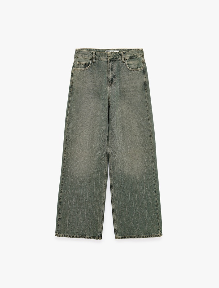  Pamuklu Bol Kesim Ekose Taş Detaylı Jean Pantolon - Loose Straight Fit Jean