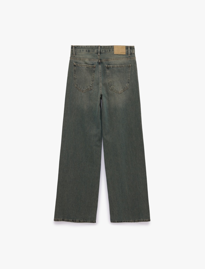  Pamuklu Bol Kesim Ekose Taş Detaylı Jean Pantolon - Loose Straight Fit Jean
