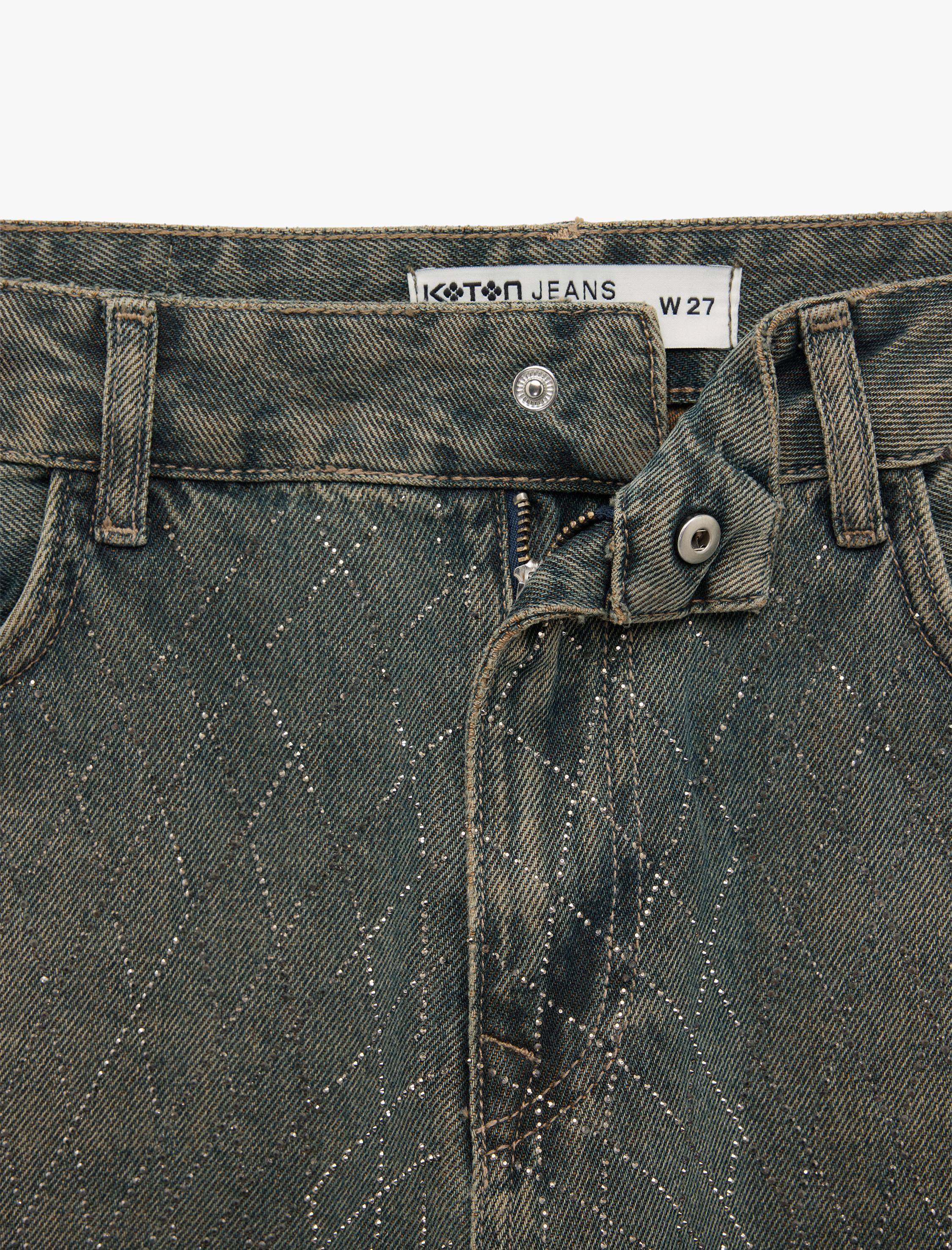   Pamuklu Bol Kesim Ekose Taş Detaylı Jean Pantolon - Loose Straight Fit Jean