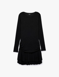 Slim Fit Bisiklet Yaka Uzun Kollu Büzgülü Pileli Parıltılı Mini Elbise