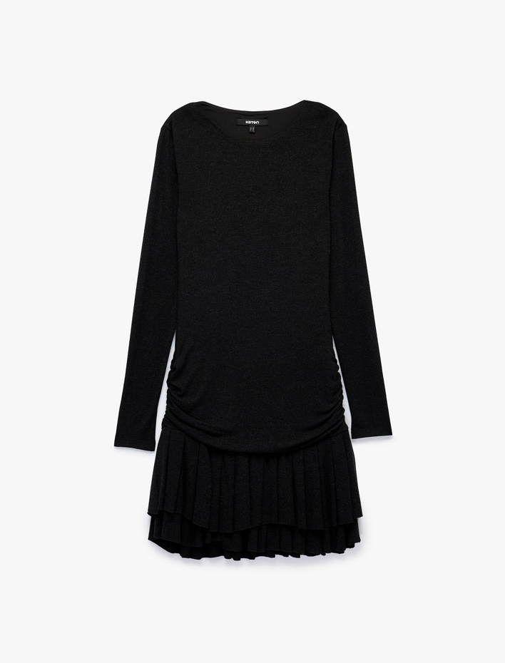  Slim Fit Bisiklet Yaka Uzun Kollu Büzgülü Pileli Parıltılı Mini Elbise