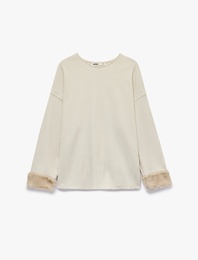 Bisiklet Yaka Uzun Kollu Suni Kürklü Oversize Sweatshirt