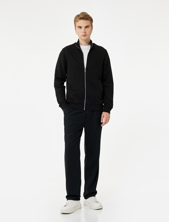  Üç İplik Şardonlu Regular Fit Uzun Kollu Fermuarlı Yaka Cepli Sweatshirt