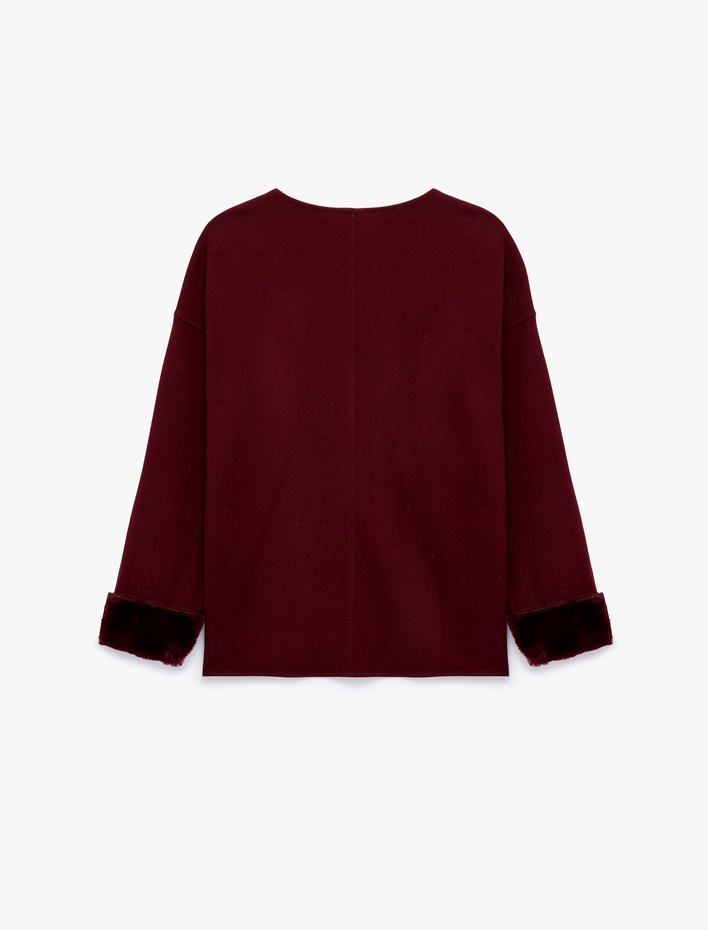  Bisiklet Yaka Uzun Kollu Suni Kürklü Oversize Sweatshirt