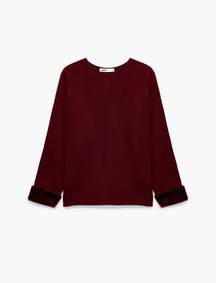  Bisiklet Yaka Uzun Kollu Suni Kürklü Oversize Sweatshirt