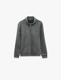 Şardonlu Rahat Kalıp Yıkamalı Uzun Kollu Yarım Fermuarlı Sweatshirt